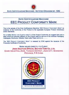 Product conformity certificate for steel hollow sections