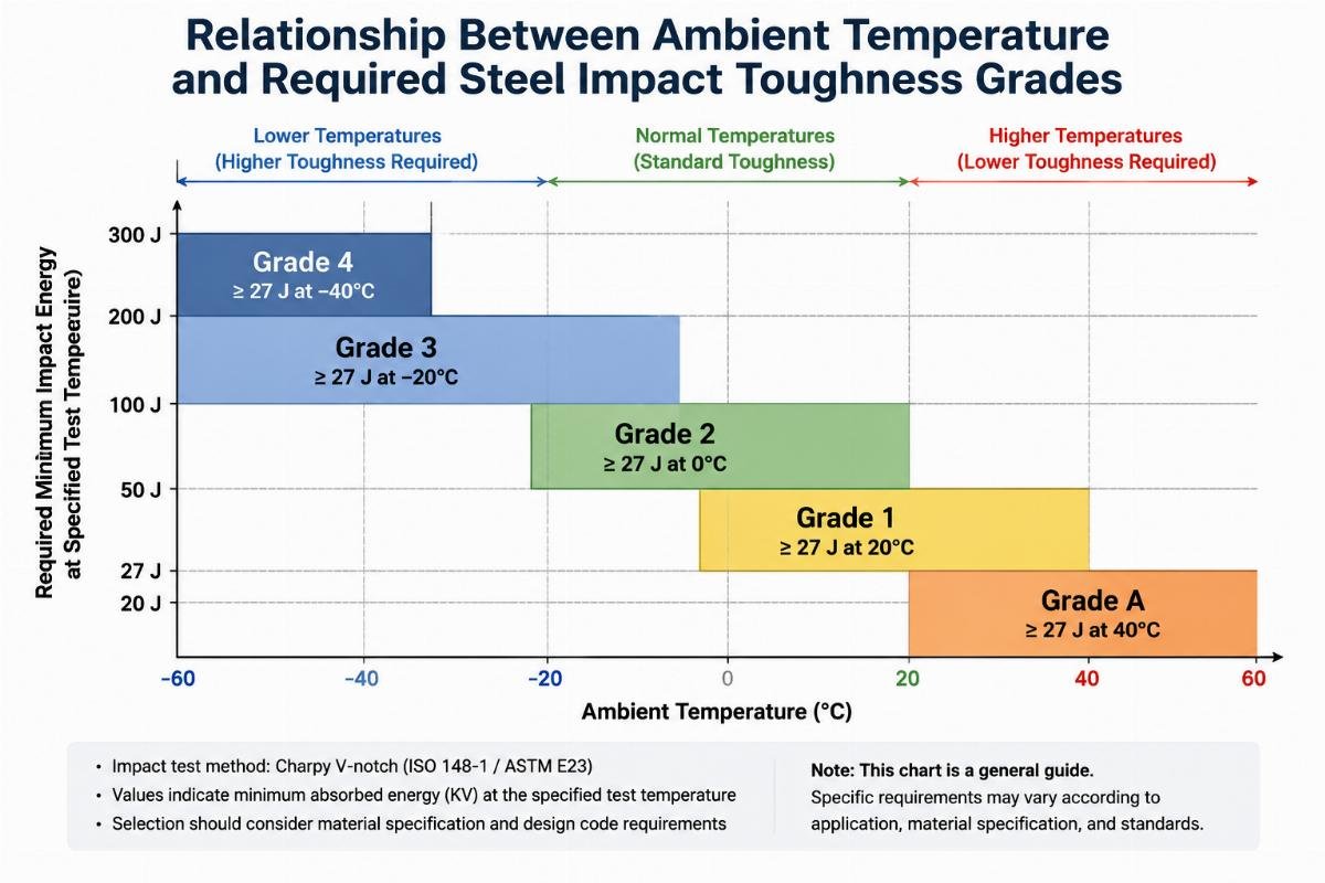 Chart illustrating the relationship between ambient temperature and required steel impact toughness grades