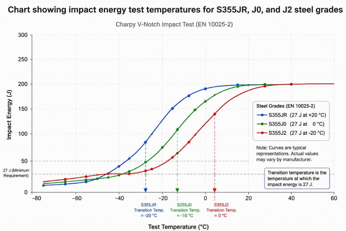 Chart showing impact energy test temperatures for S355JR, J0, and J2 steel grades