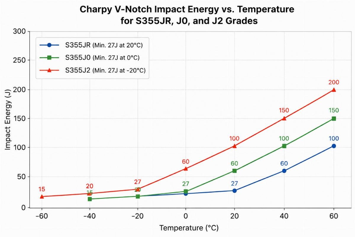 Chart showing impact energy values for S355JR, J0, and J2 grades at different temperatures