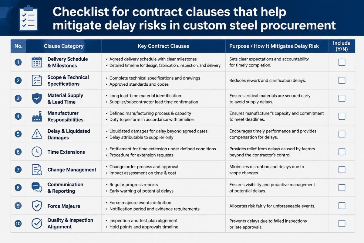 Checklist for contract clauses that help mitigate delay risks in custom steel procurement