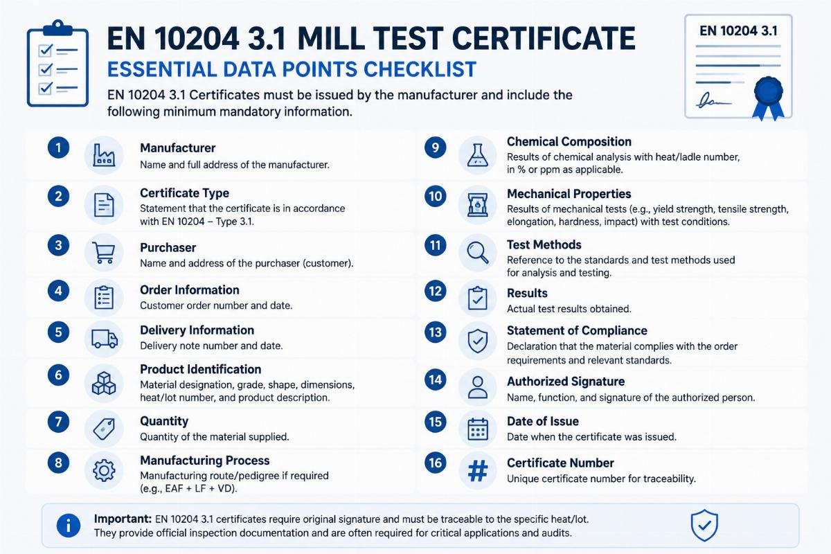 Checklist graphic listing essential data points for a compliant EN 10204 3.1 Mill Test Certificate