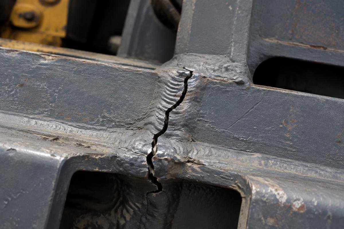 Close-up image of a cracked weld joint on a heavy machinery frame due to low temperature brittle fracture