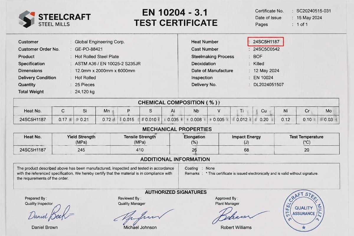 Close-up of a steel mill test certificate showing EN 10204 3.1 header, heat number, and authorized signatures