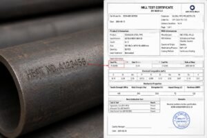 Close-up of a steel pipe end showing stamped heat number next to a corresponding section of a Mill Test Certificate