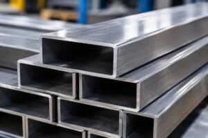 Close-up of precision-cut rectangular hollow sections for automotive jigs