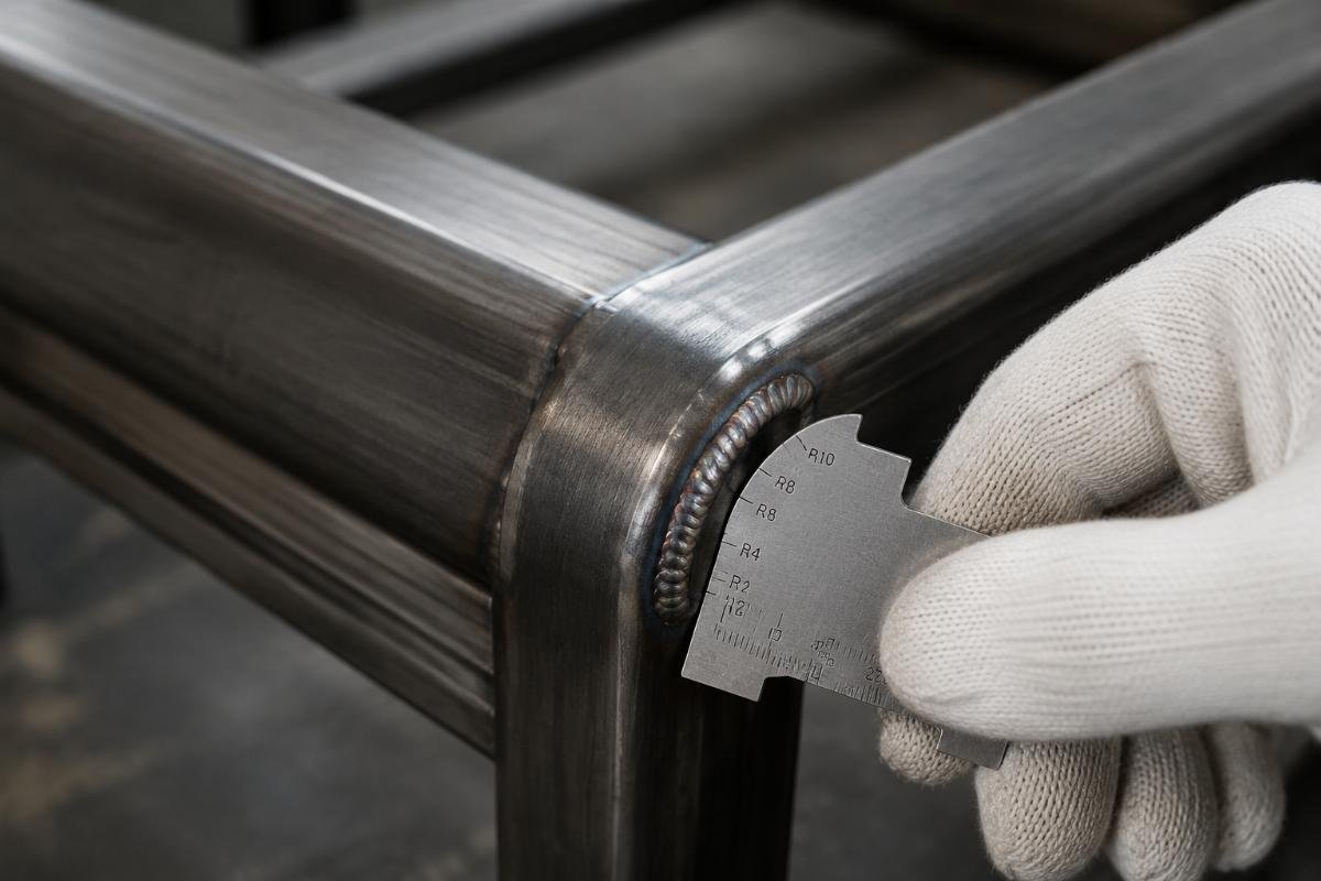 Close-up of steel tube corner radius and weld seam quality inspection