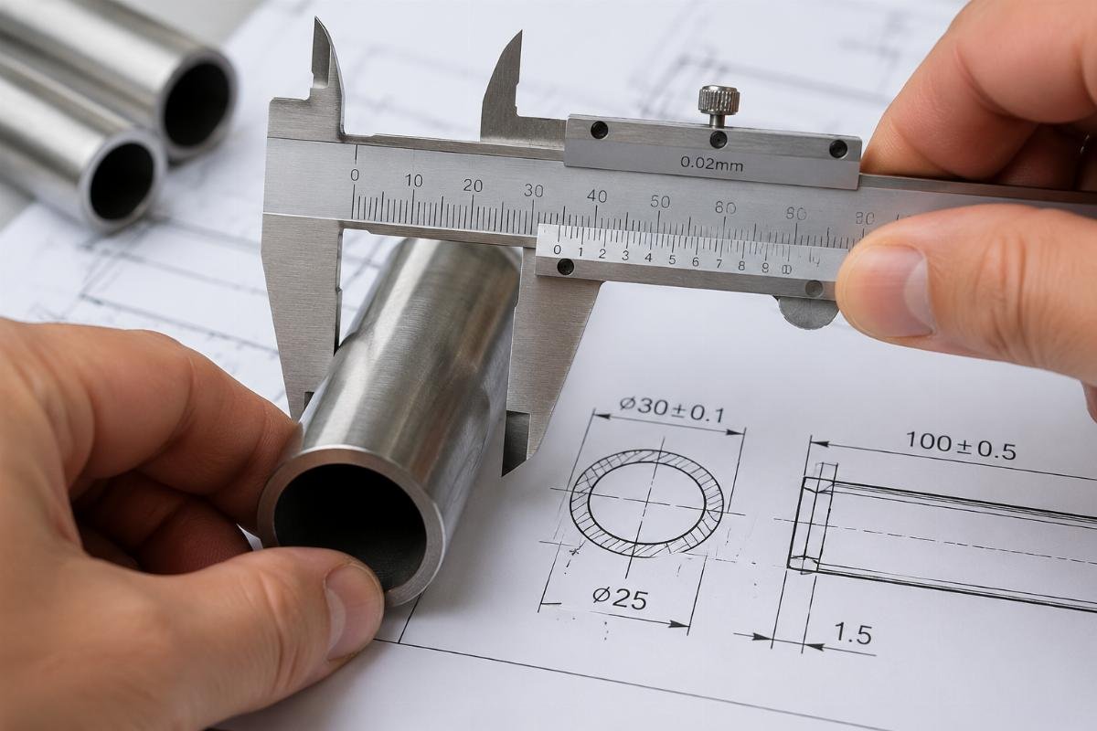 Close-up of steel tube dimensions being measured with calipers against a technical drawing