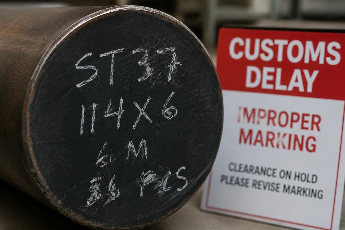 Close up of steel tube end showing improper marking leading to customs delay