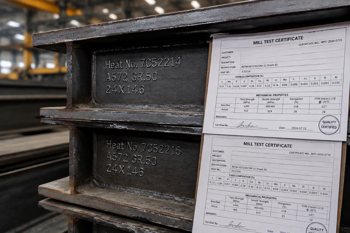 Close-up of structural steel beams with visible heat number stamps and mill test certificates on a factory floor