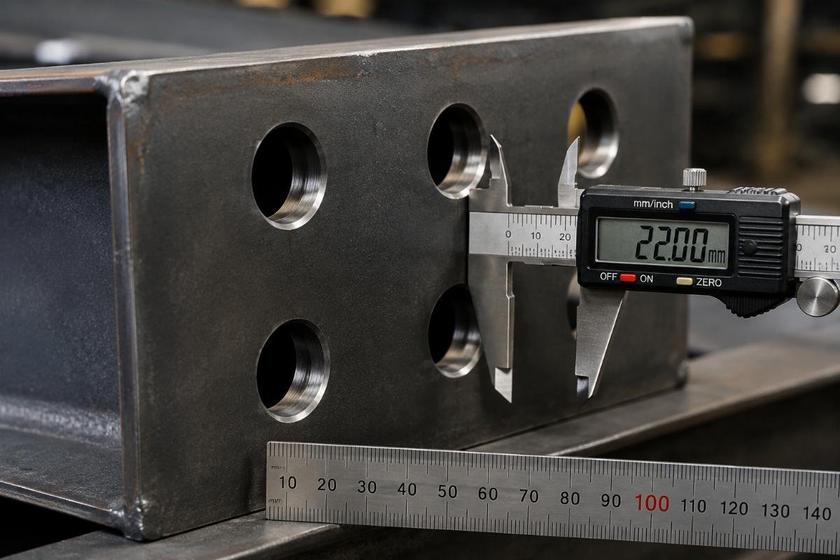 Close-up view of precision-drilled bolt holes on a structural steel plate with measurement tools
