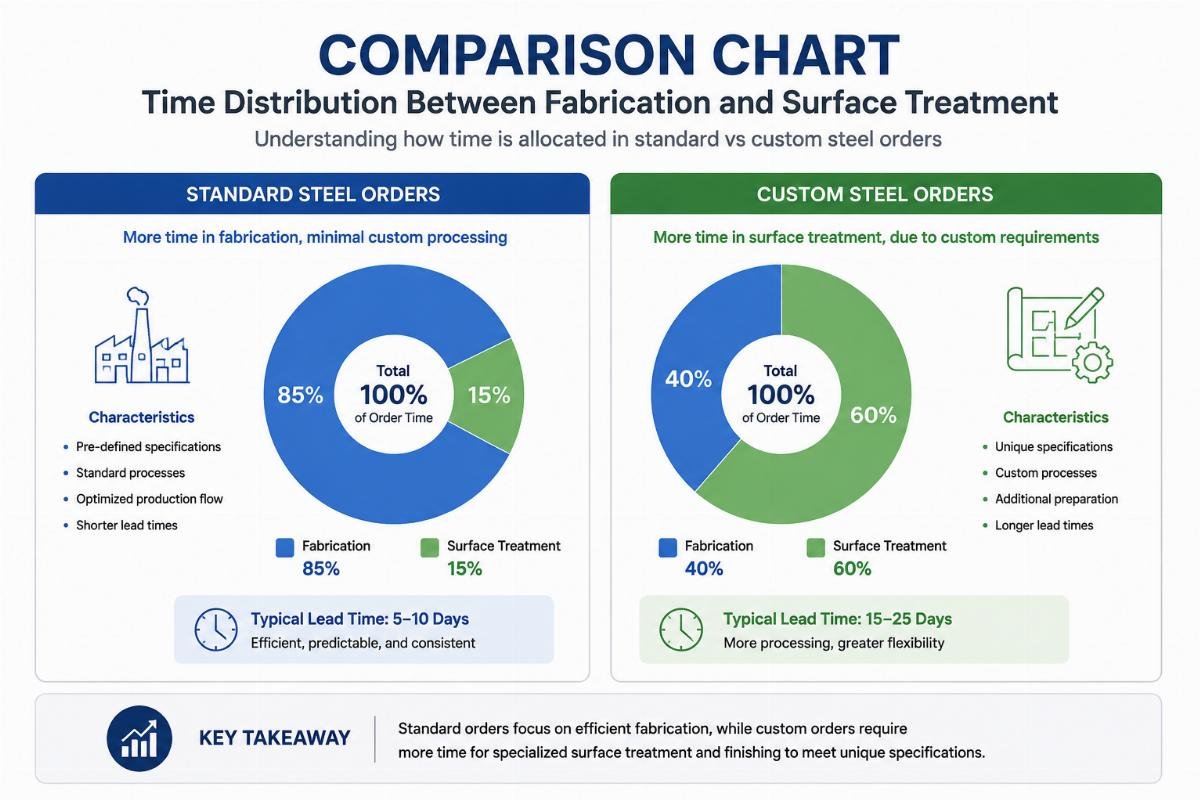 Comparison chart illustrating the time distribution between fabrication and surface treatment for standard vs custom steel orders