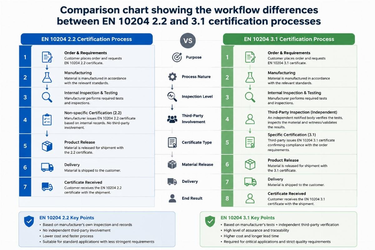 Comparison chart showing the workflow differences between EN 10204 2.2 and 3.1 certification processes