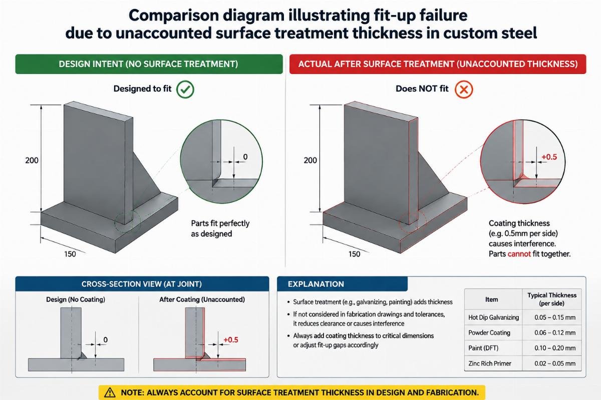 Comparison diagram illustrating fit-up failure due to unaccounted surface treatment thickness in custom steel