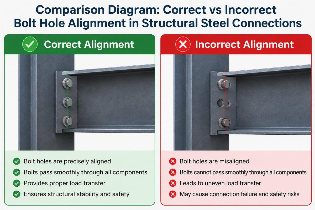 Comparison diagram showing correct vs incorrect bolt hole alignment in structural steel connections