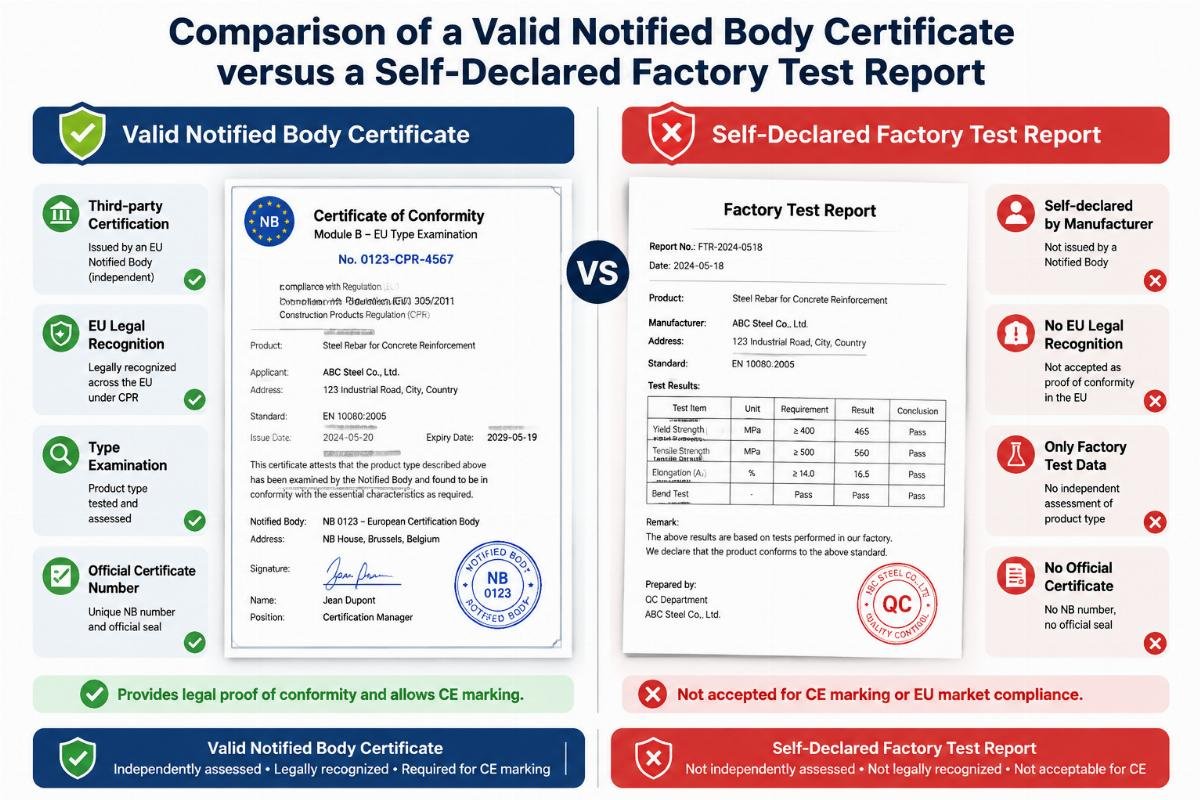 Comparison of a valid Notified Body certificate versus a self-declared factory test report