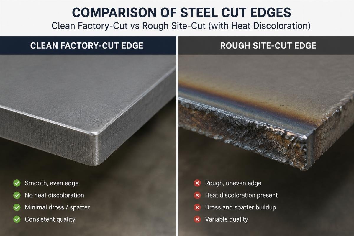 Comparison of clean factory-cut steel edges versus rough site-cut edges showing heat discoloration