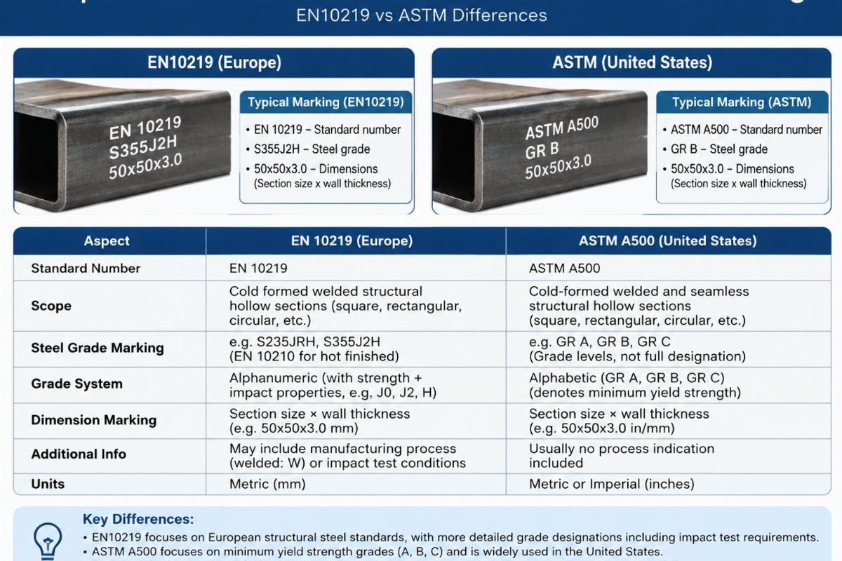 Comparison of cold formed hollow sections standard markings on steel profiles showing EN10219 vs ASTM differences