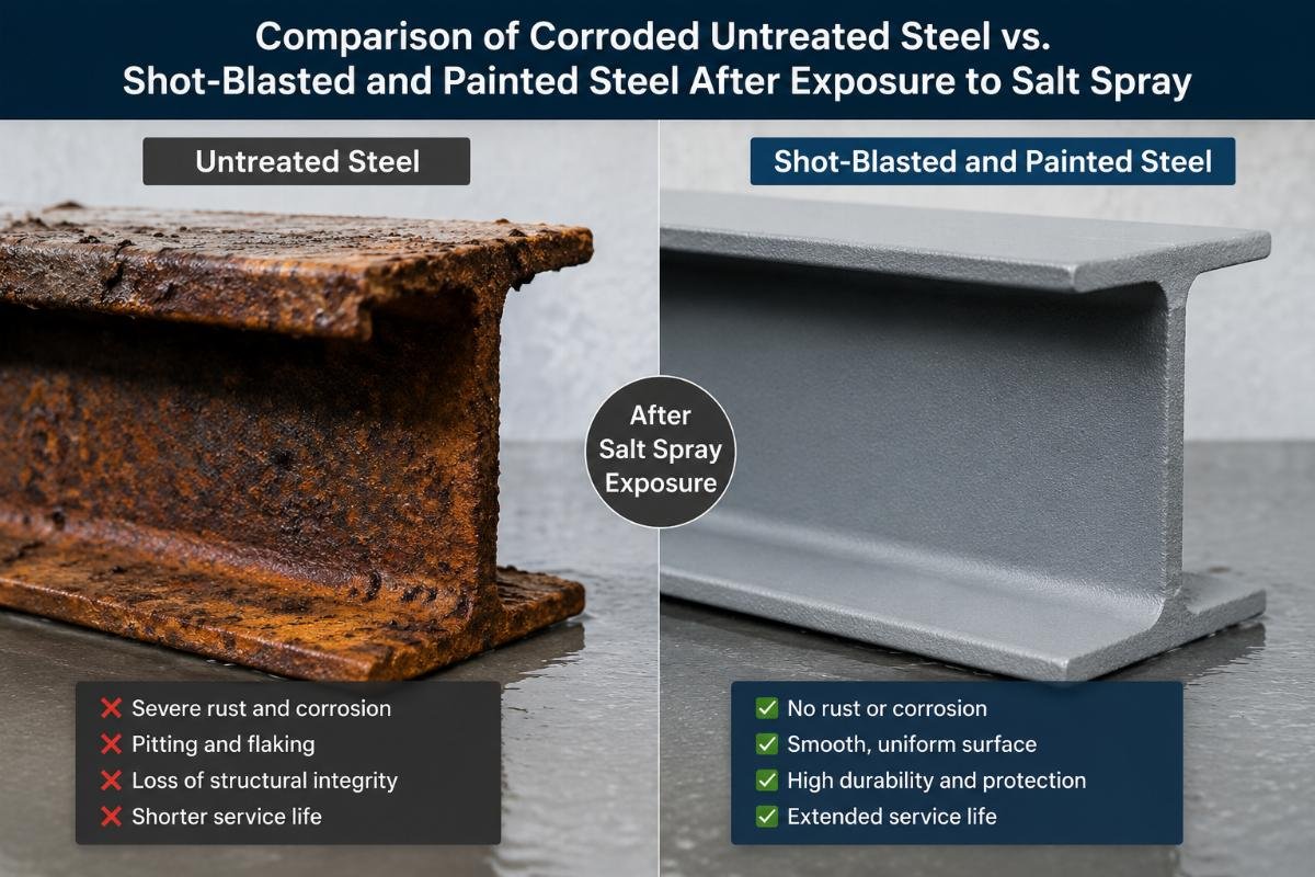 Comparison of corroded untreated steel versus shot-blasted and painted steel after exposure to salt spray