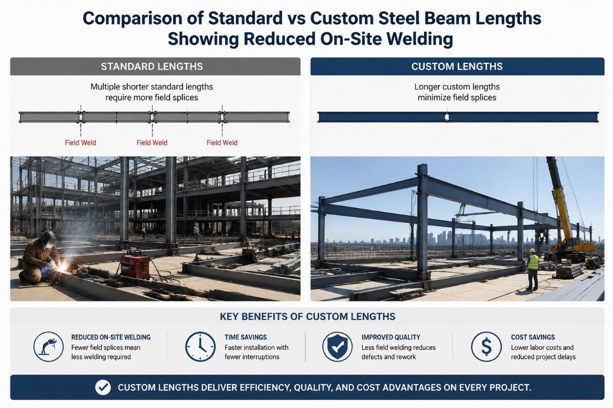 Comparison of standard vs custom steel beam lengths showing reduced on-site welding