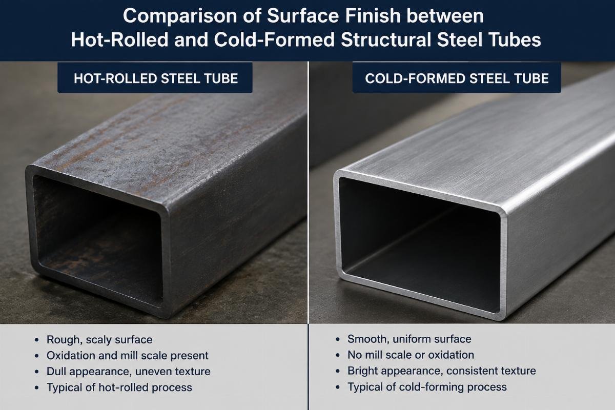 Comparison of surface finish between hot-rolled and cold-formed structural steel tubes