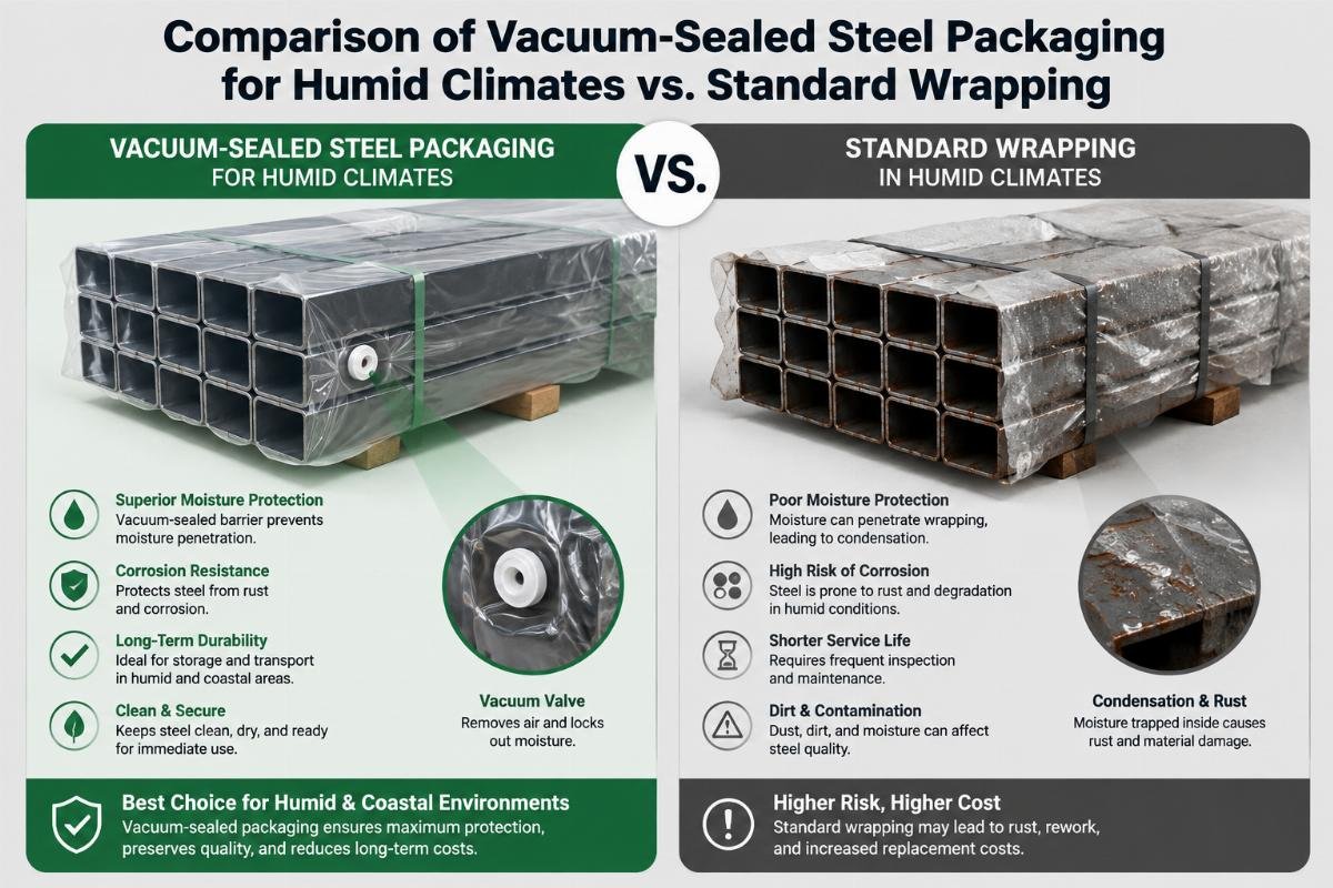 Comparison of vacuum-sealed steel packaging for humid climates versus standard wrapping