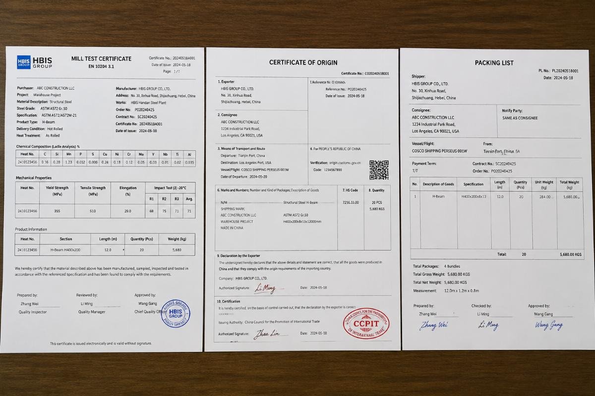 Complete set of export documents for structural steel including MTC, COO, and Packing List