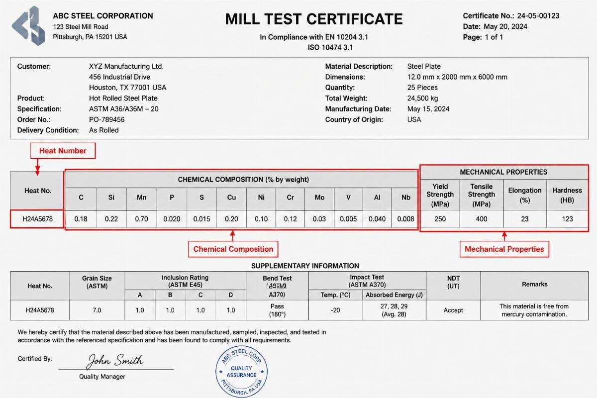 Detailed view of a Mill Test Certificate highlighting heat number, chemical composition, and mechanical properties sections