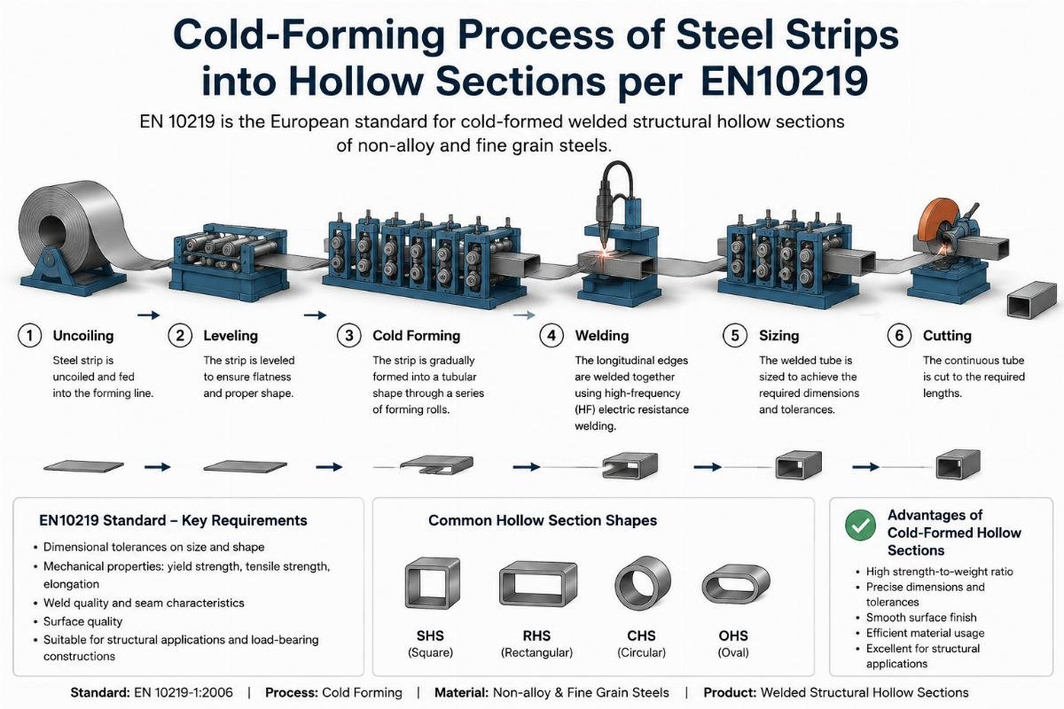 Diagram illustrating the cold-forming process of steel strips into hollow sections per EN10219 standard