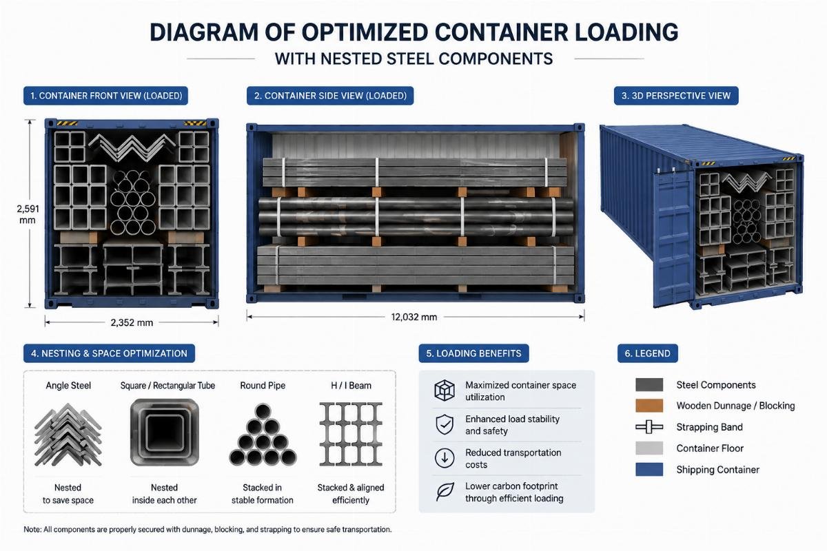 Diagram of optimized container loading with nested steel components