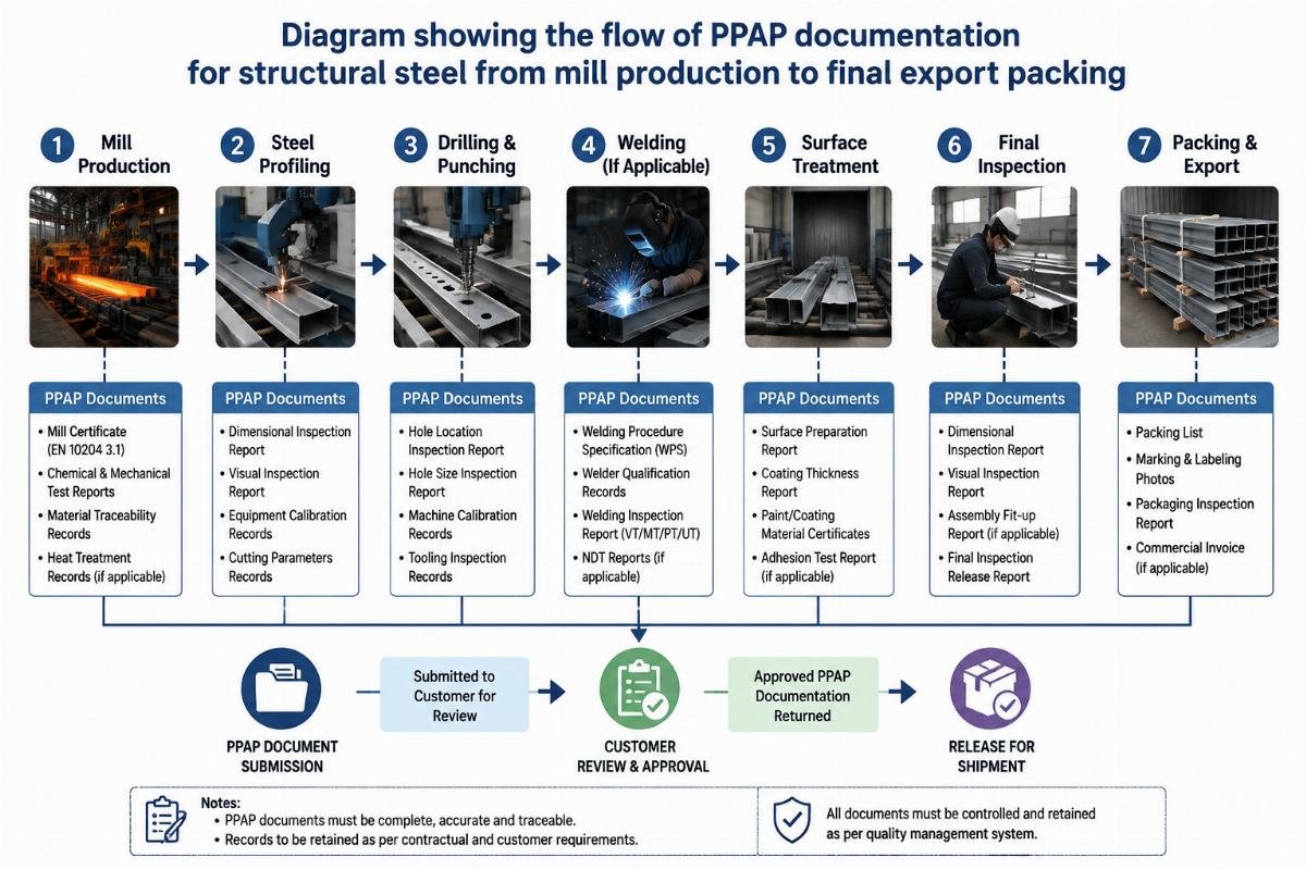 Diagram showing the flow of PPAP documentation for structural steel from mill production to final export packing