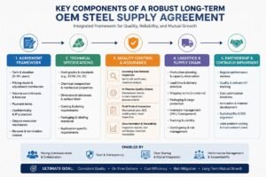 Diagram showing the key components of a robust long-term OEM steel supply agreement including technical specs, QC checkpoints, and logistics planning