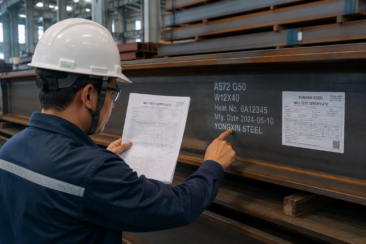 Engineer reviewing Mill Test Certificates against physical steel beam markings in a warehouse