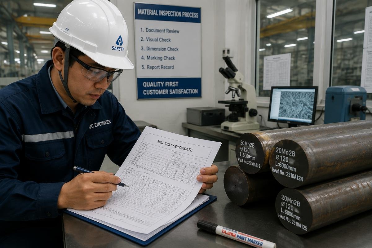 Engineer reviewing Mill Test Certificates and checking steel markings in a factory lab