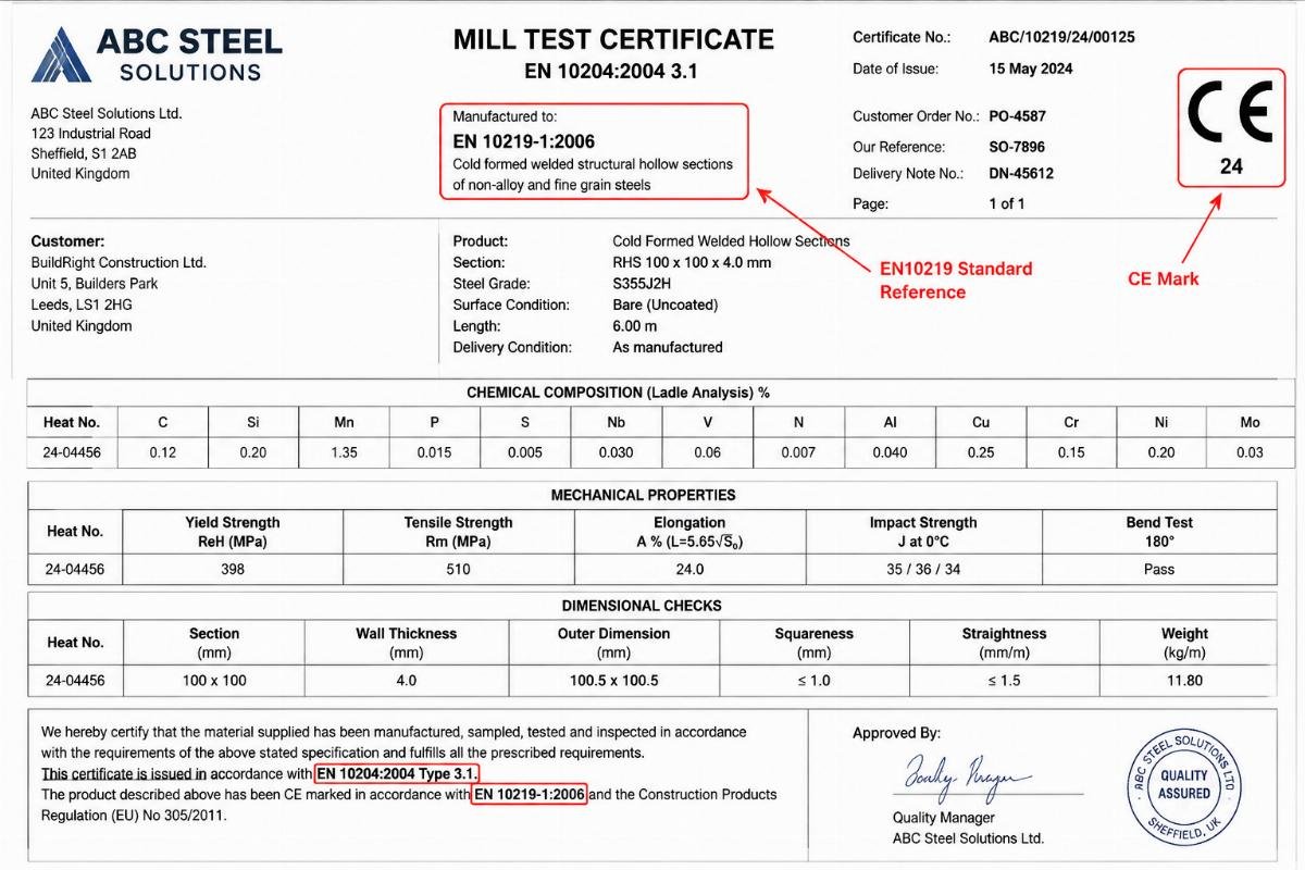 Example of a compliant EN10219 mill test certificate highlighting CE mark and standard reference