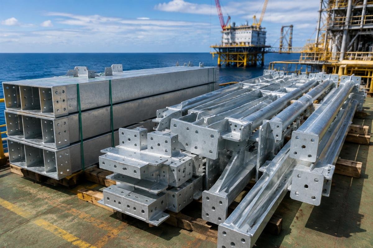Galvanized structural steel components ready for installation on an offshore platform