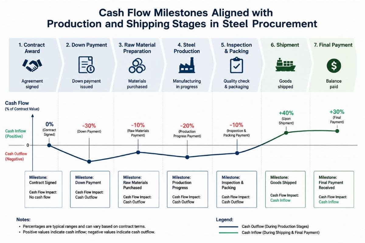Graph illustrating cash flow milestones aligned with production and shipping stages in steel procurement
