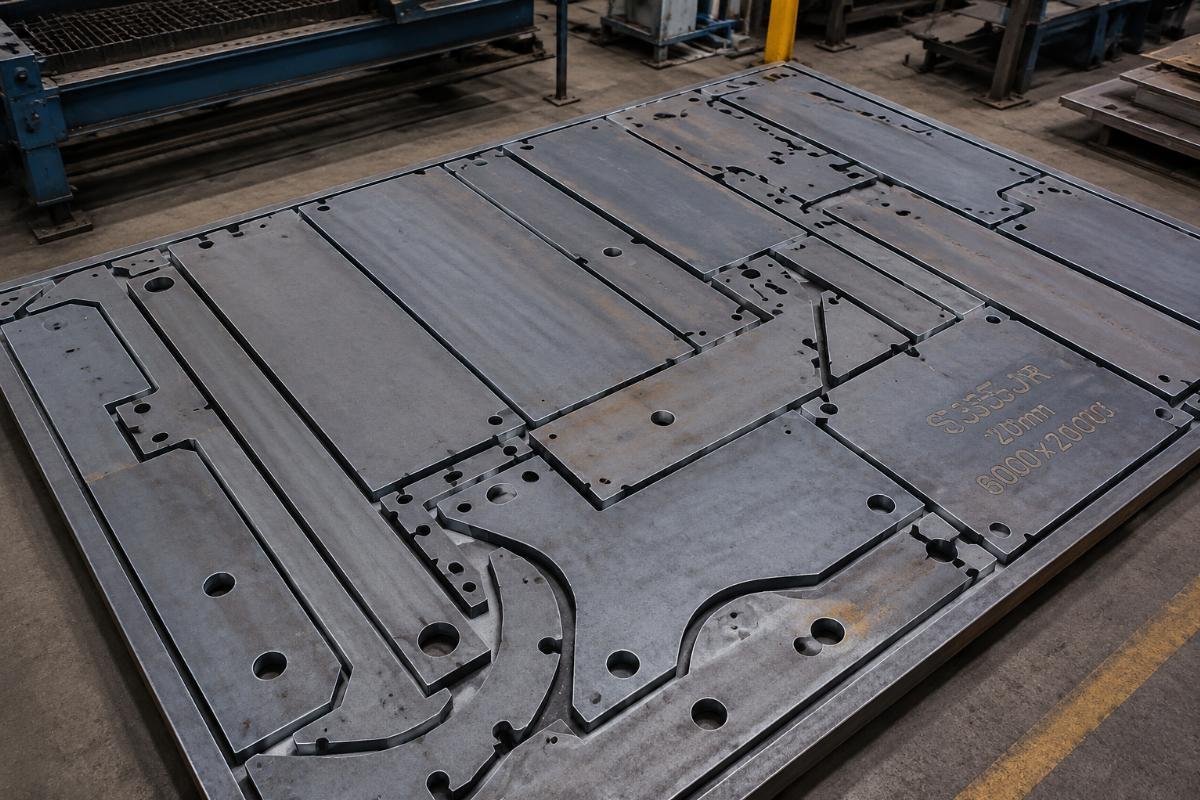 Image of precision-cut S355JR steel plates arranged for minimal waste in a fabrication shop