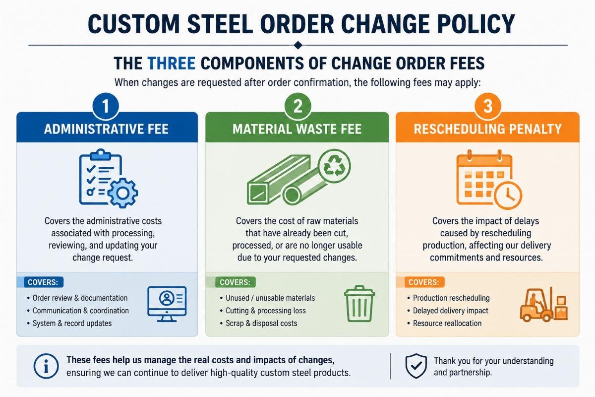 Infographic detailing the three components of change order fees: administrative, material waste, and rescheduling penalty under Custom Steel Order Change Policy