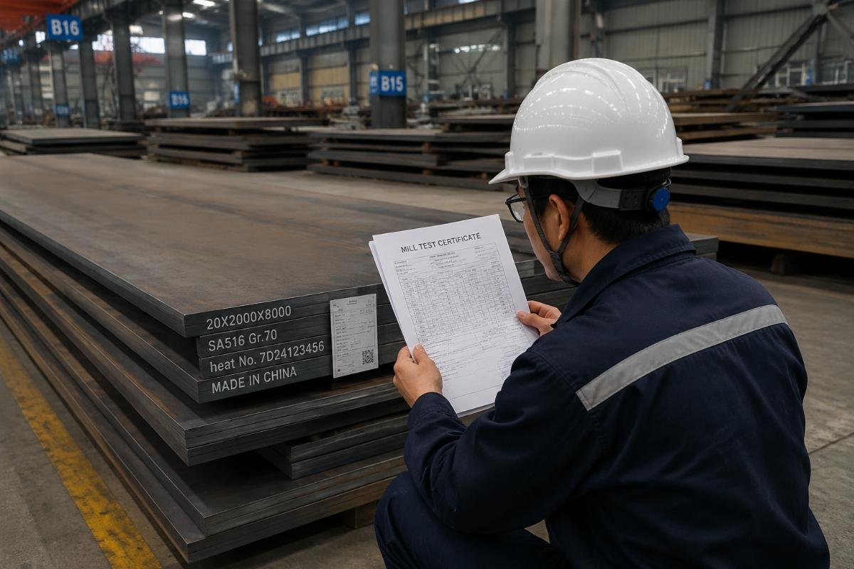 Inspection of steel plates with mill test certificates in a warehouse