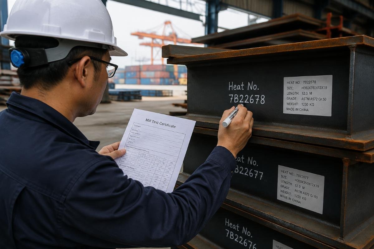 Inspector checking heat numbers on steel beams against a Mill Test Certificate at a port warehouse