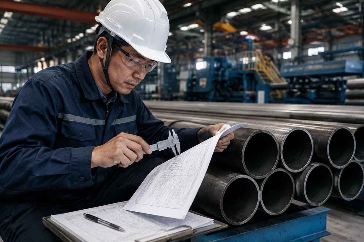 Inspector checking steel pipe dimensions and reviewing documentation at a manufacturing facility
