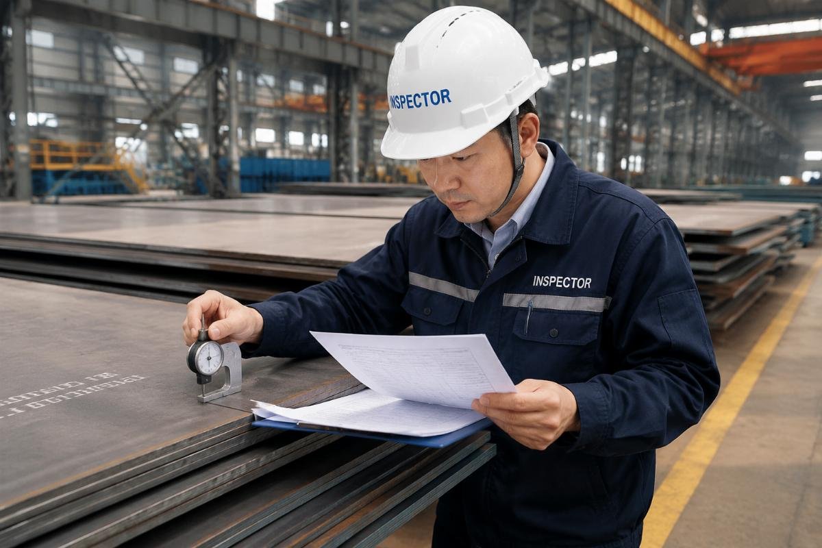 Inspector checking steel plates with a gauge and reviewing documents at a factory site