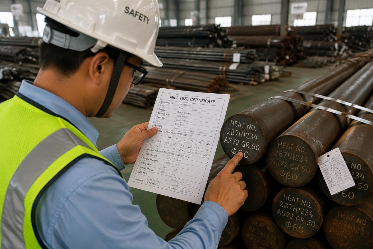 Inspector reviewing Mill Test Certificate details against physical steel markings in a warehouse