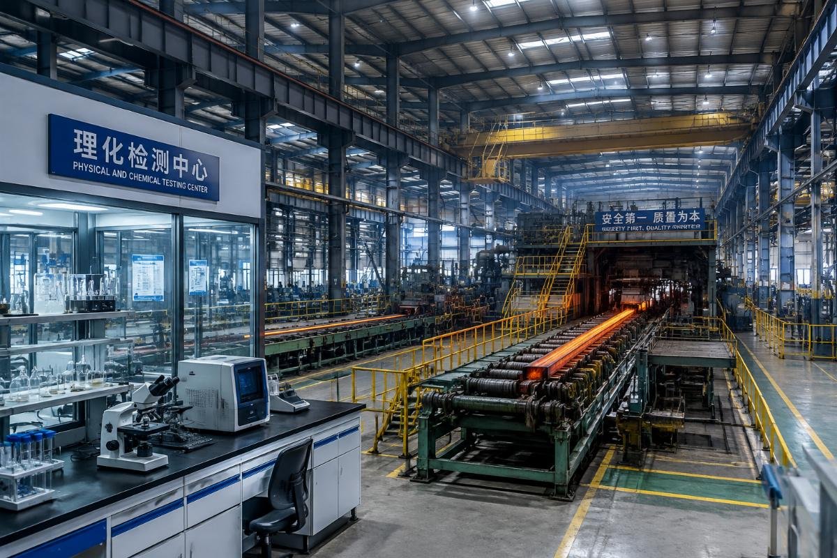 Interior view of a steel manufacturing facility with in-house laboratory equipment and production lines