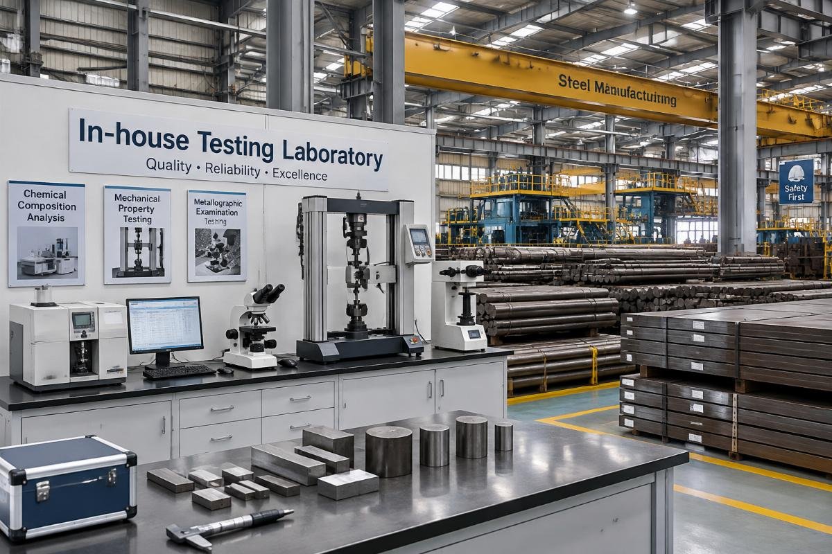 Interior view of a steel manufacturing facility with in-house testing laboratory equipment