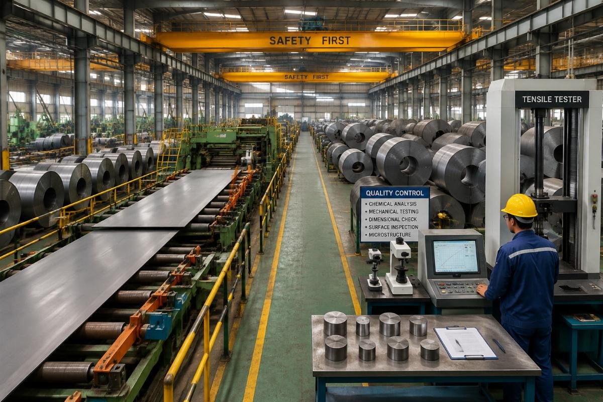 Interior view of a steel manufacturing plant showing production lines and quality testing equipment