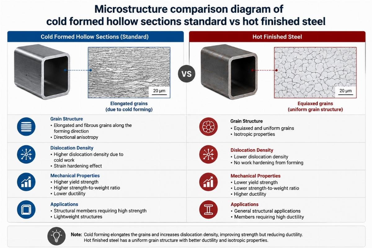 Microstructure comparison diagram of cold formed hollow sections standard vs hot finished steel