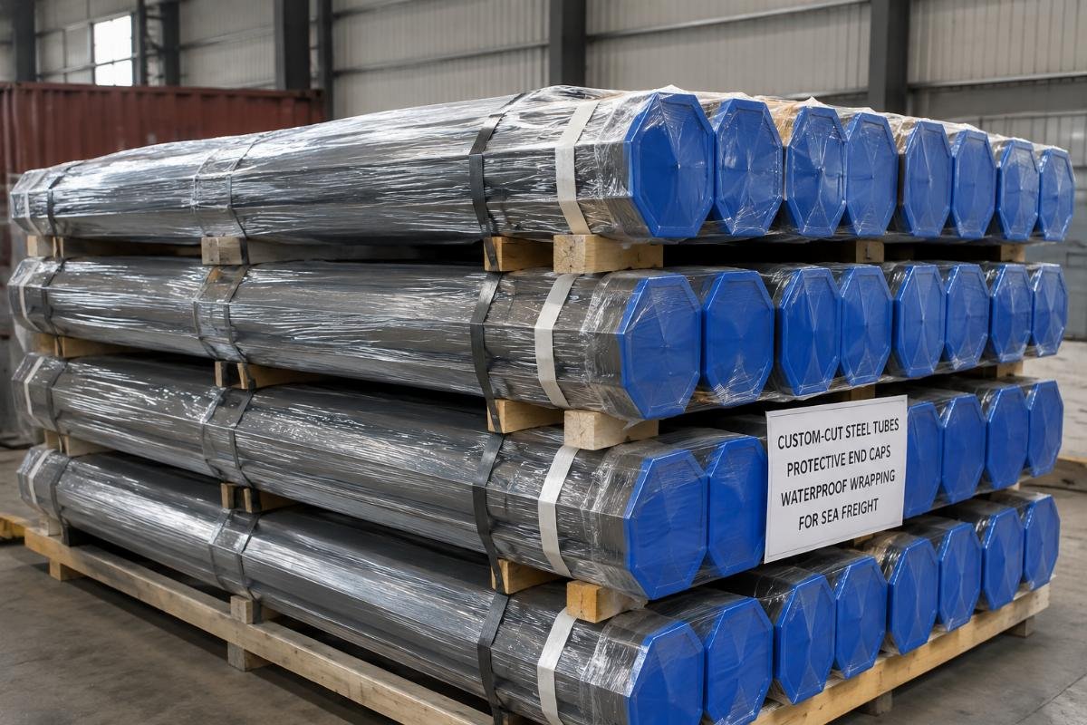 Protective end caps and waterproof wrapping applied to custom-cut steel tubes for sea freight
