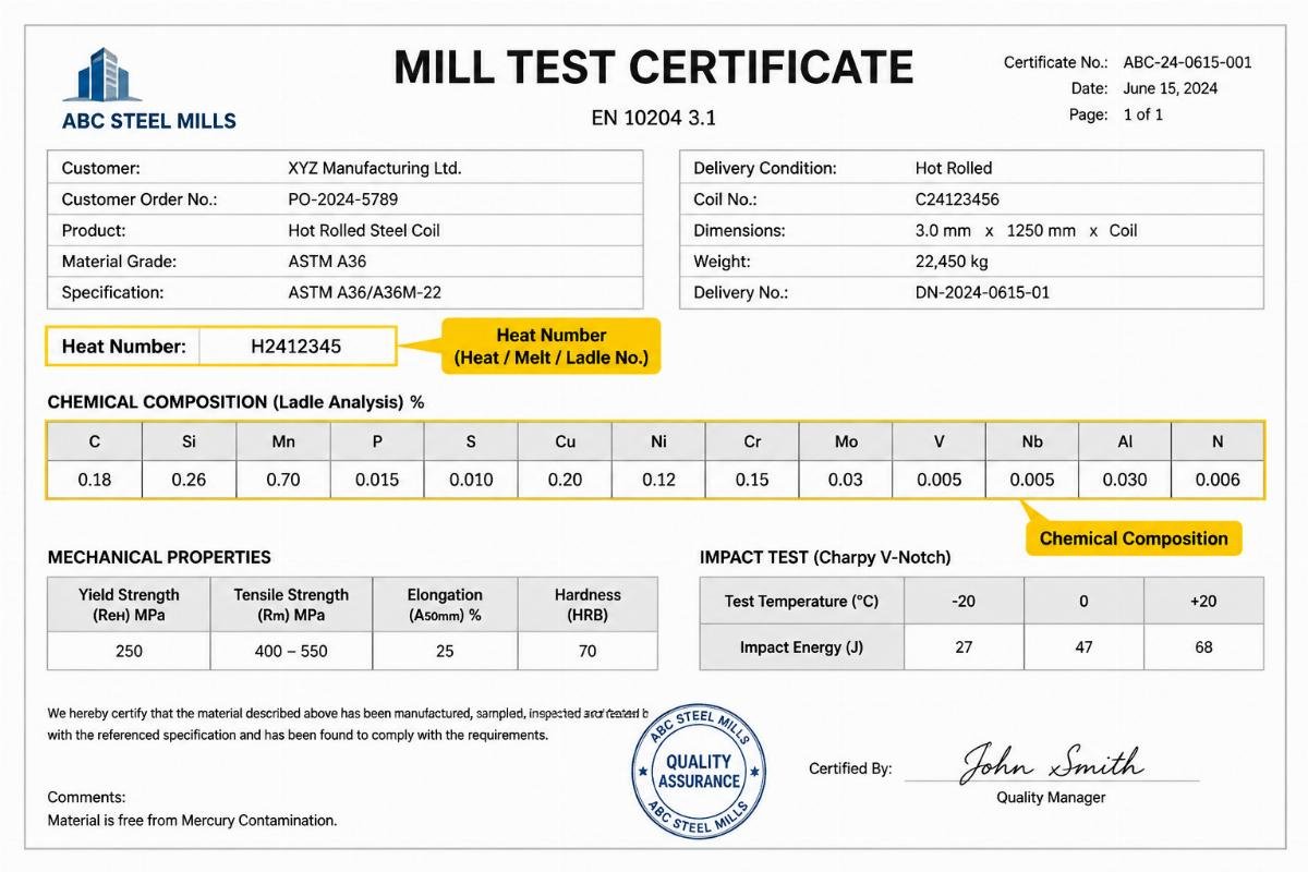 Sample Mill Test Certificate highlighting heat number and chemical composition fields
